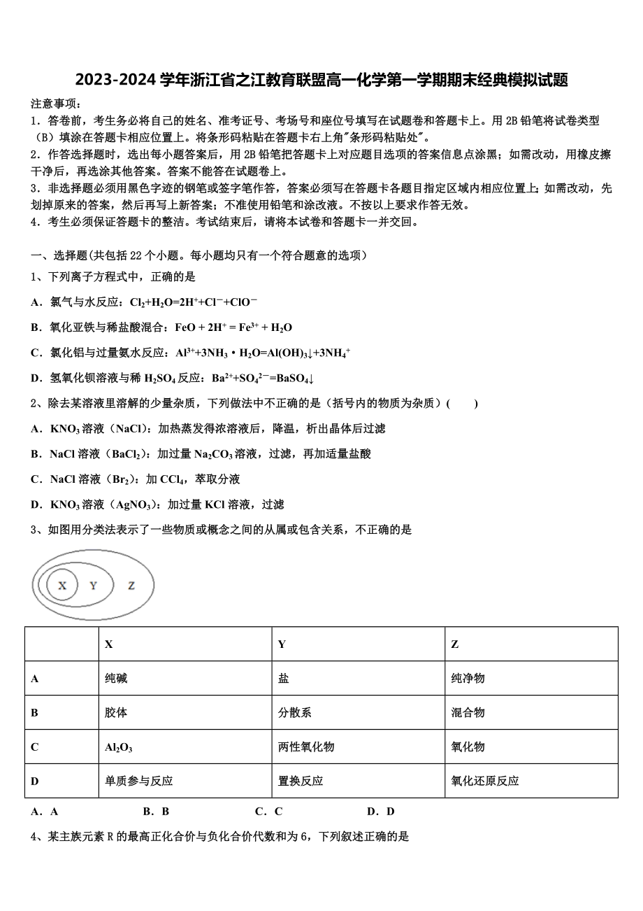 2023-2024学年浙江省之江教育联盟高一化学第一学期期末经典模拟试题含解析.doc_第1页