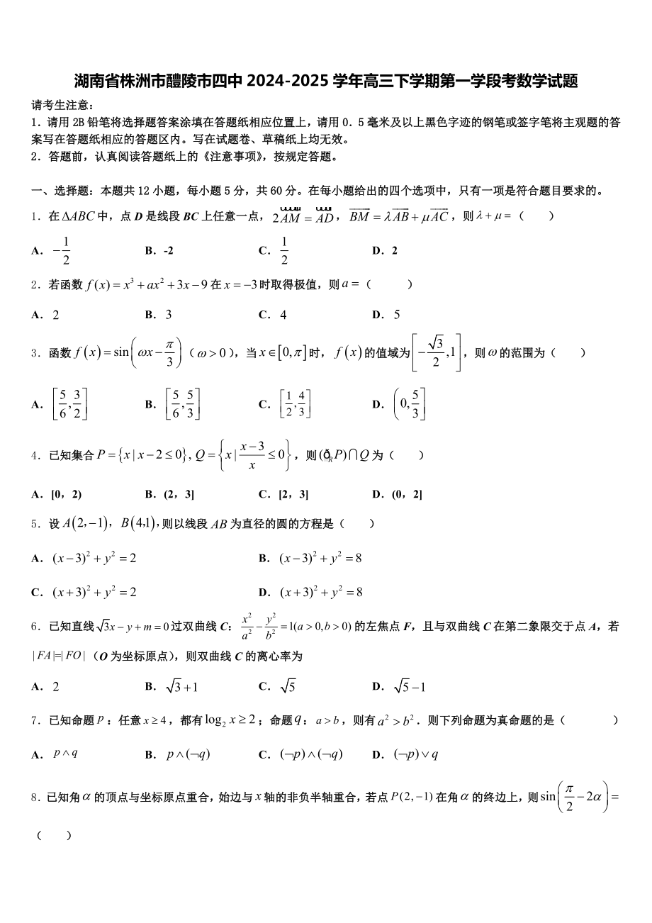 湖南省株洲市醴陵市四中2024-2025学年高三下学期第一学段考数学试题含解析.doc_第1页