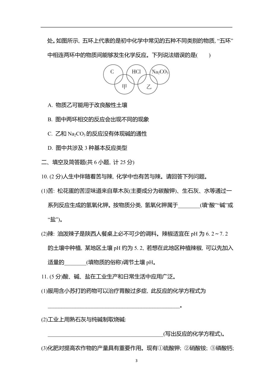 第十单元 常见的酸、碱、盐 综合素质评价 人教版（2024）化学九年级下册.doc_第3页