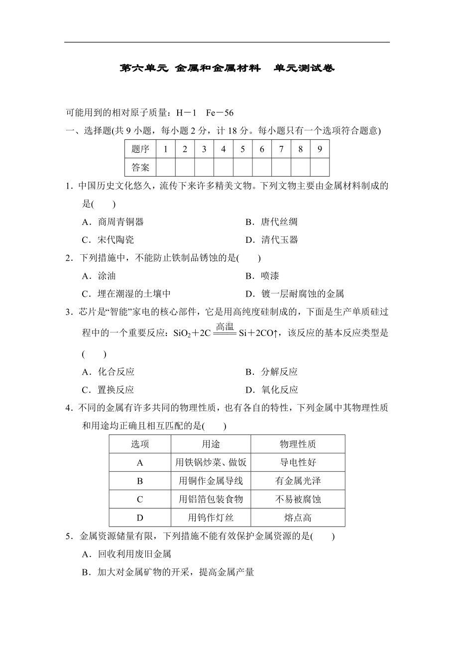 第六单元 金属和金属材料单元测试卷 科粤版（2024）化学九年级下册.doc_第1页