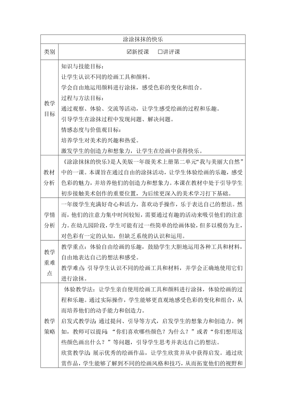 《涂涂抹抹的快乐》（教学设计）-2024新人美版一年级上册《美术》.docx_第1页