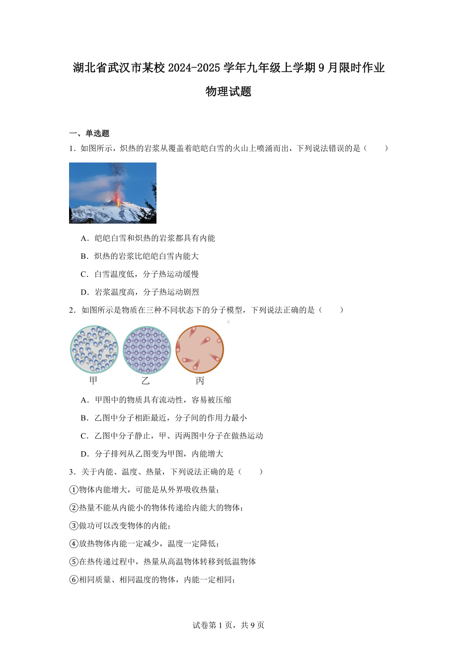 湖北省武汉市某校2024-2025学年九年级上学期9月限时作业物理试题.docx_第1页