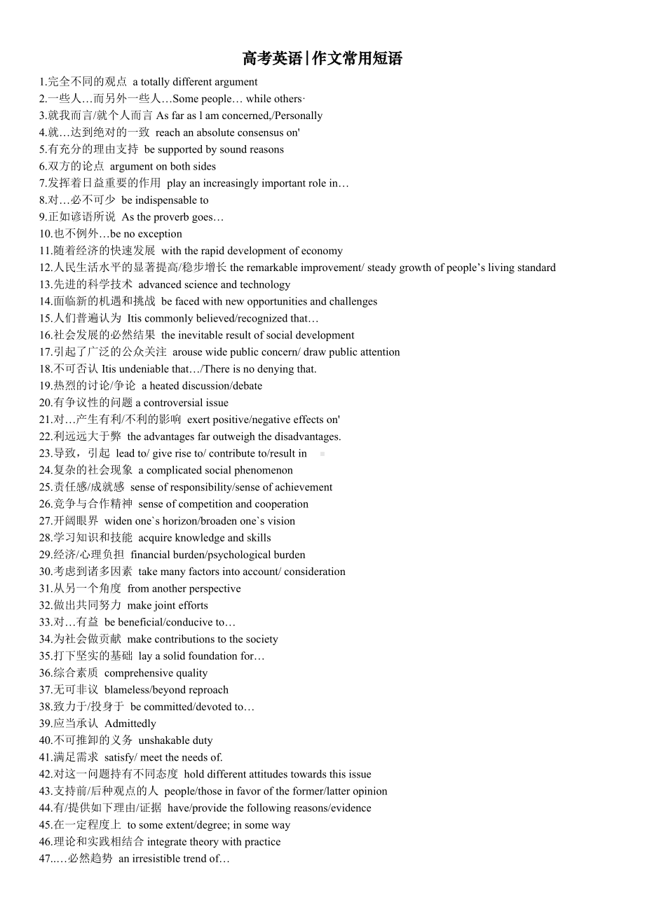 英语作文常用短语 清单 2025届高考英语二轮专题复习.docx_第1页