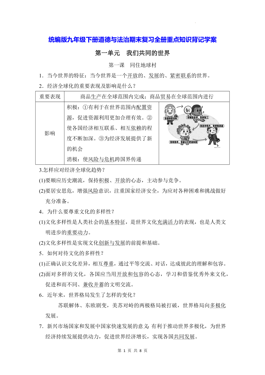 统编版九年级下册道德与法治期末复习全册重点知识背记学案.docx_第1页