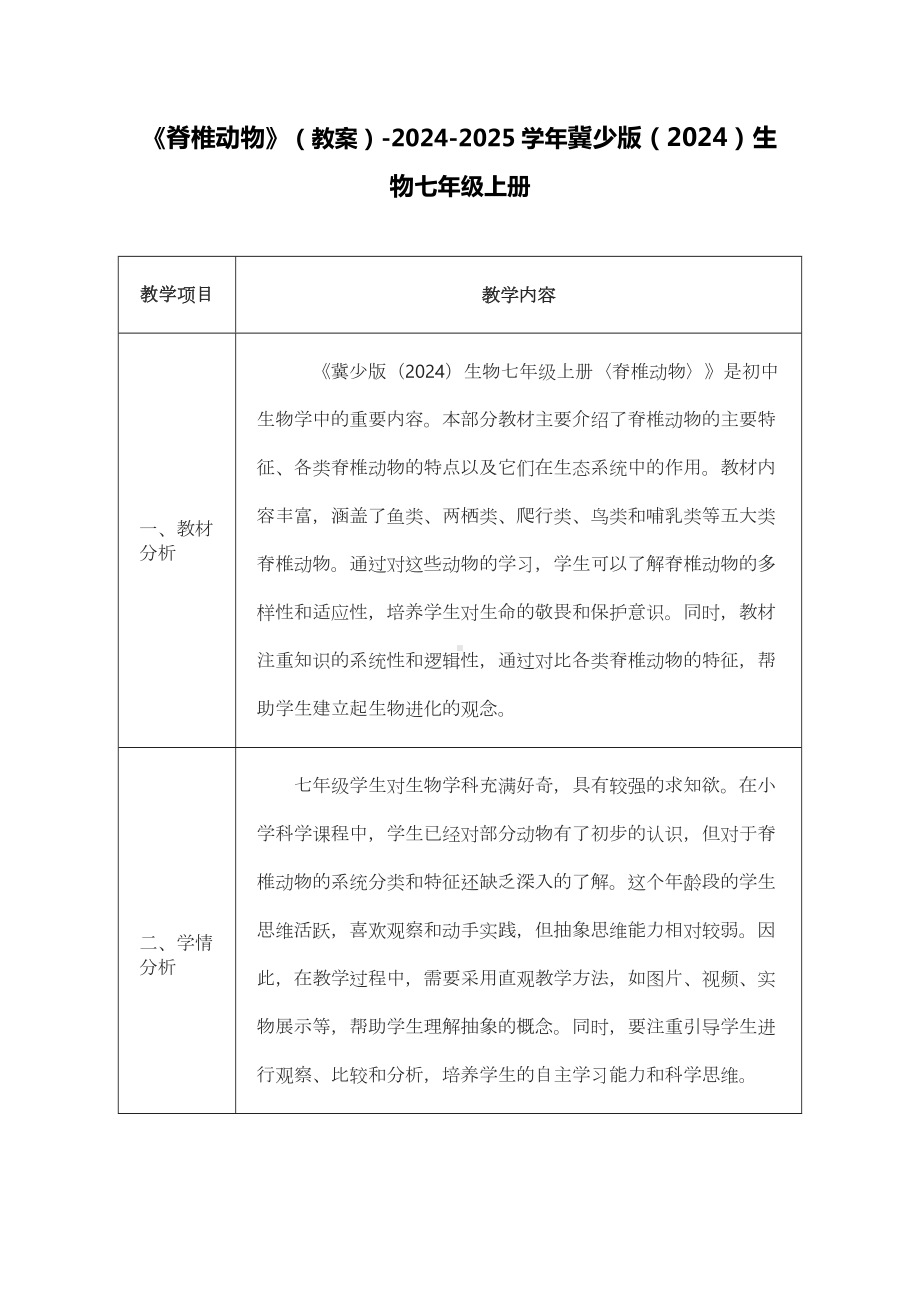 2.1.4脊椎动物 教案 -2024新冀少版七年级上册《生物》.docx_第1页