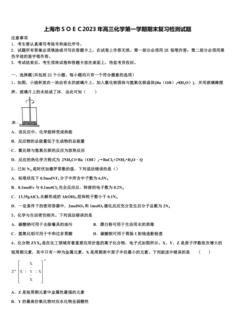 上海市SOEC2023年高三化学第一学期期末复习检测试题含解析.doc_第1页