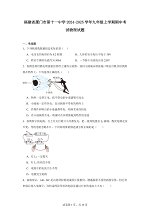 福建省厦门市第十一中学2024-2025学年九年级上学期期中考试物理试题.docx