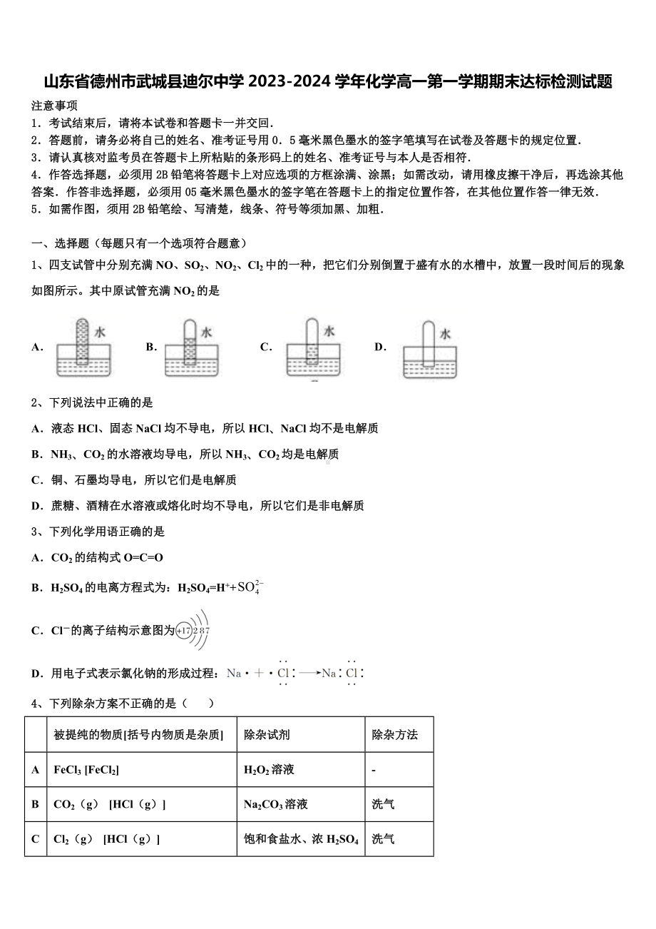 山东省德州市武城县迪尔中学2023-2024学年化学高一第一学期期末达标检测试题含解析.doc_第1页