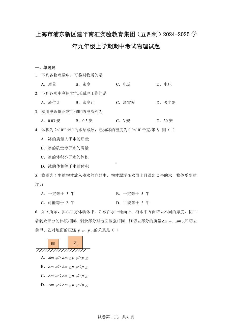 上海市浦东新区建平南汇实验教育集团(五四制)2024-2025学年九年级上学期期中考试物理试题.docx_第1页