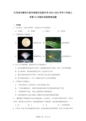 江苏省无锡市江阴市高新区实验中学2024-2025学年八年级上学期10月限时训练物理试题.docx