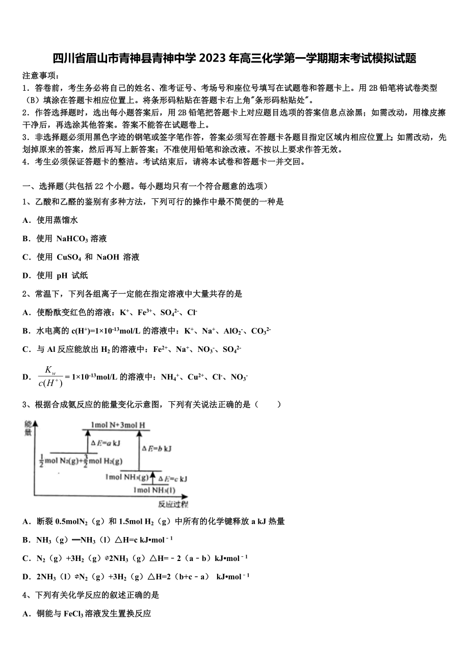 四川省眉山市青神县青神中学2023年高三化学第一学期期末考试模拟试题含解析.doc_第1页