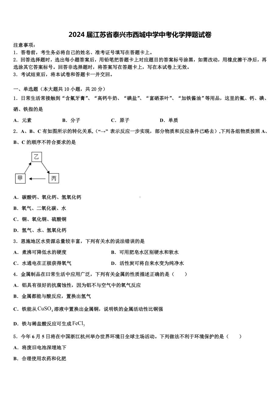 2024届江苏省泰兴市西城中学中考化学押题试卷含解析.doc_第1页