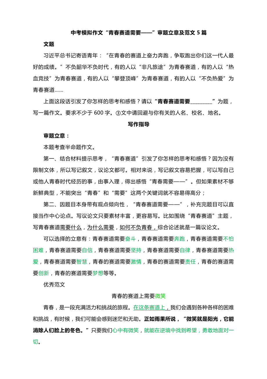 中考模拟作文“青春赛道需要——”审题立意及范文5篇.docx_第1页