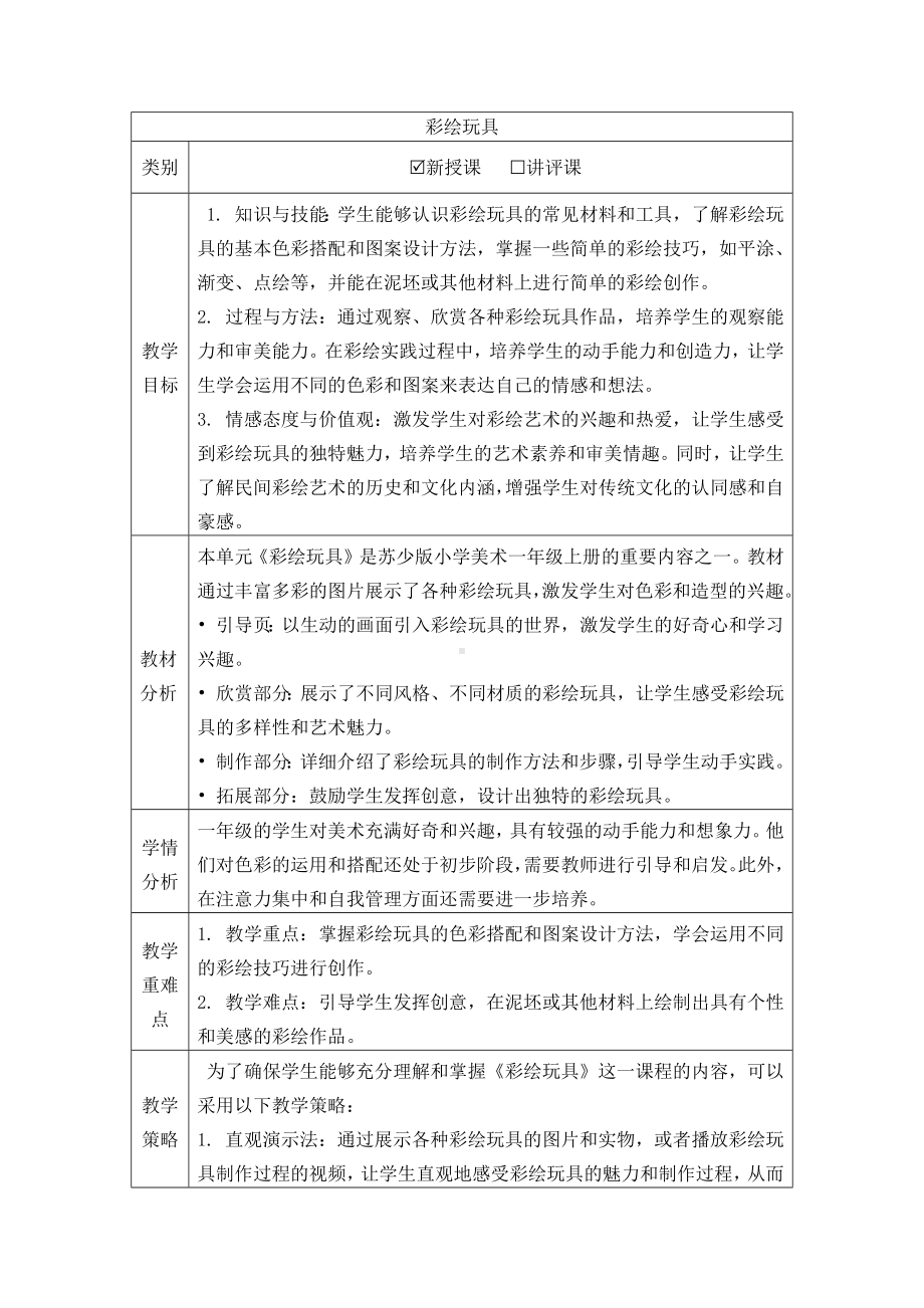 彩绘玩具（教学设计）-2024新苏少版一年级上册《美术》.docx_第1页