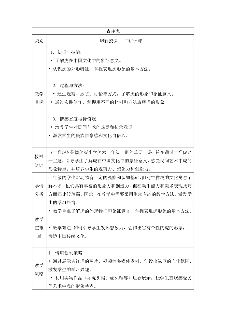 《吉祥虎》（教学设计）-2024新赣美版一年级上册《美术》.docx_第1页