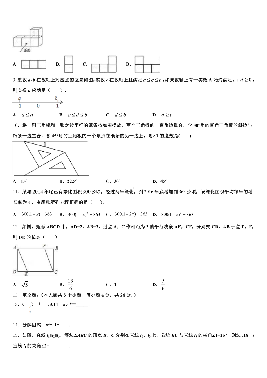 2024-2025学年广东省广州市广州大附中初三3月教学质量监测考试数学试题(理甲卷)版含解析.doc_第2页