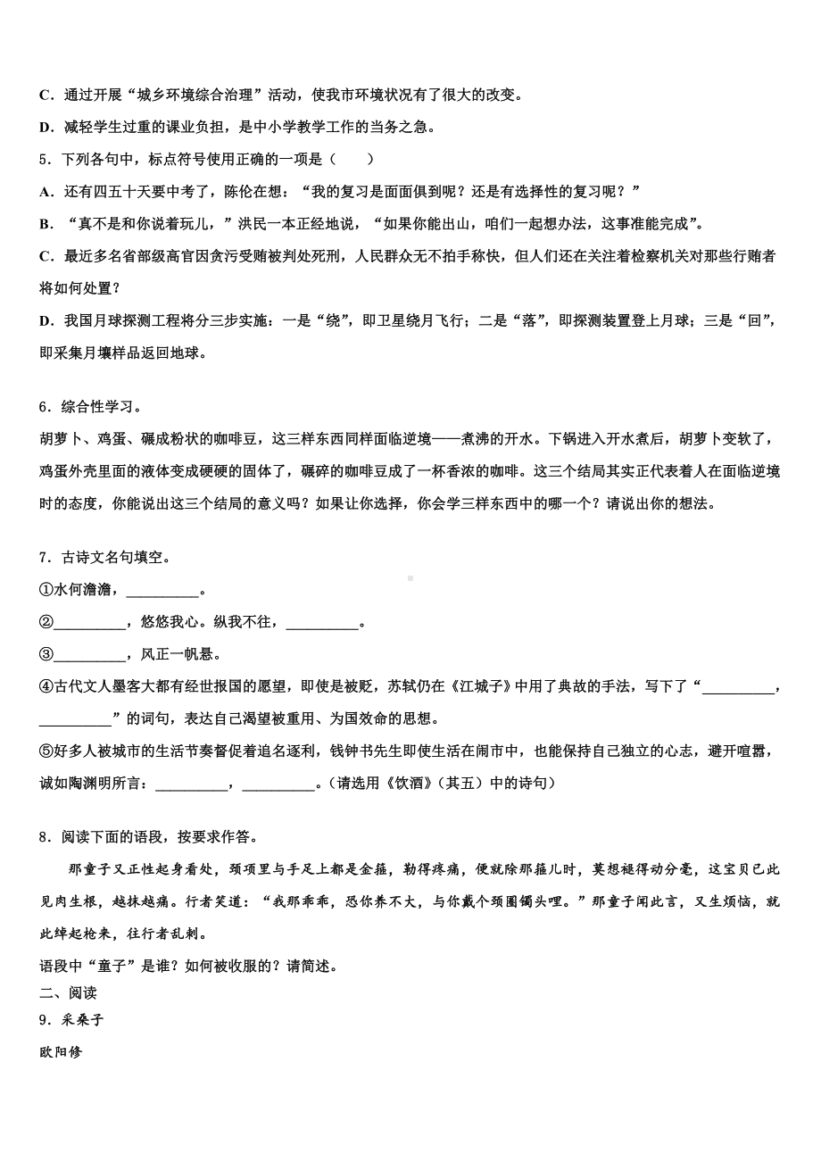 2022-2023学年安徽省合肥市重点中学中考五模语文试题含解析.doc_第2页