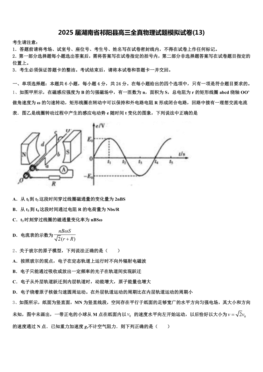 2025届湖南省祁阳县高三全真物理试题模拟试卷(13)含解析.doc_第1页