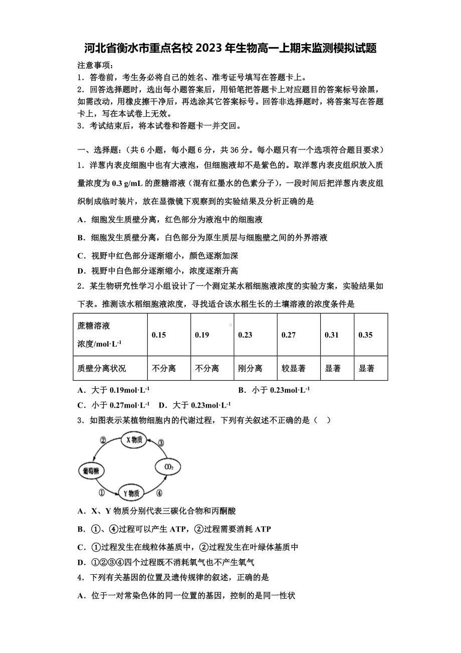 河北省衡水市重点名校2023年生物高一上期末监测模拟试题含解析.doc_第1页