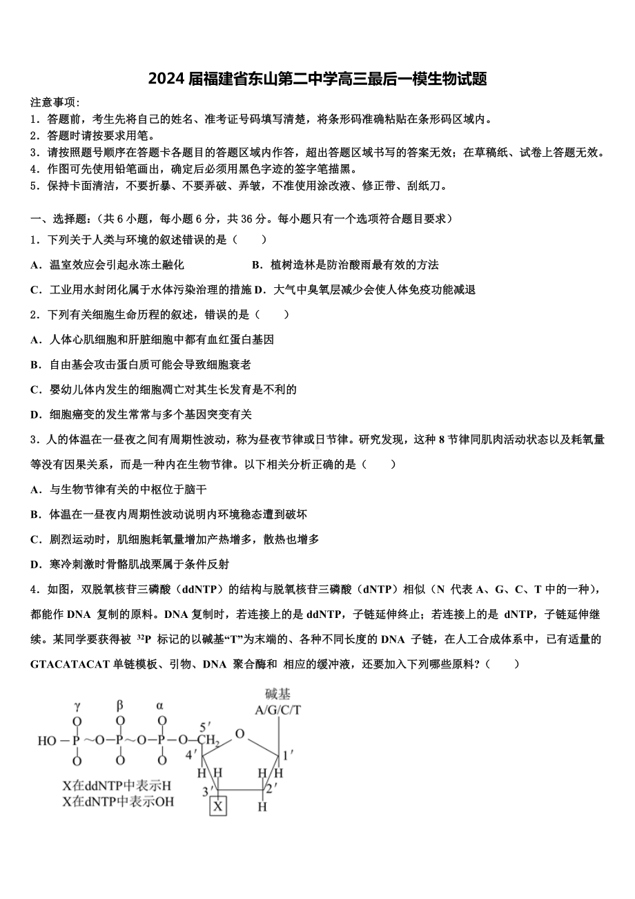 2024届福建省东山第二中学高三最后一模生物试题含解析.doc_第1页