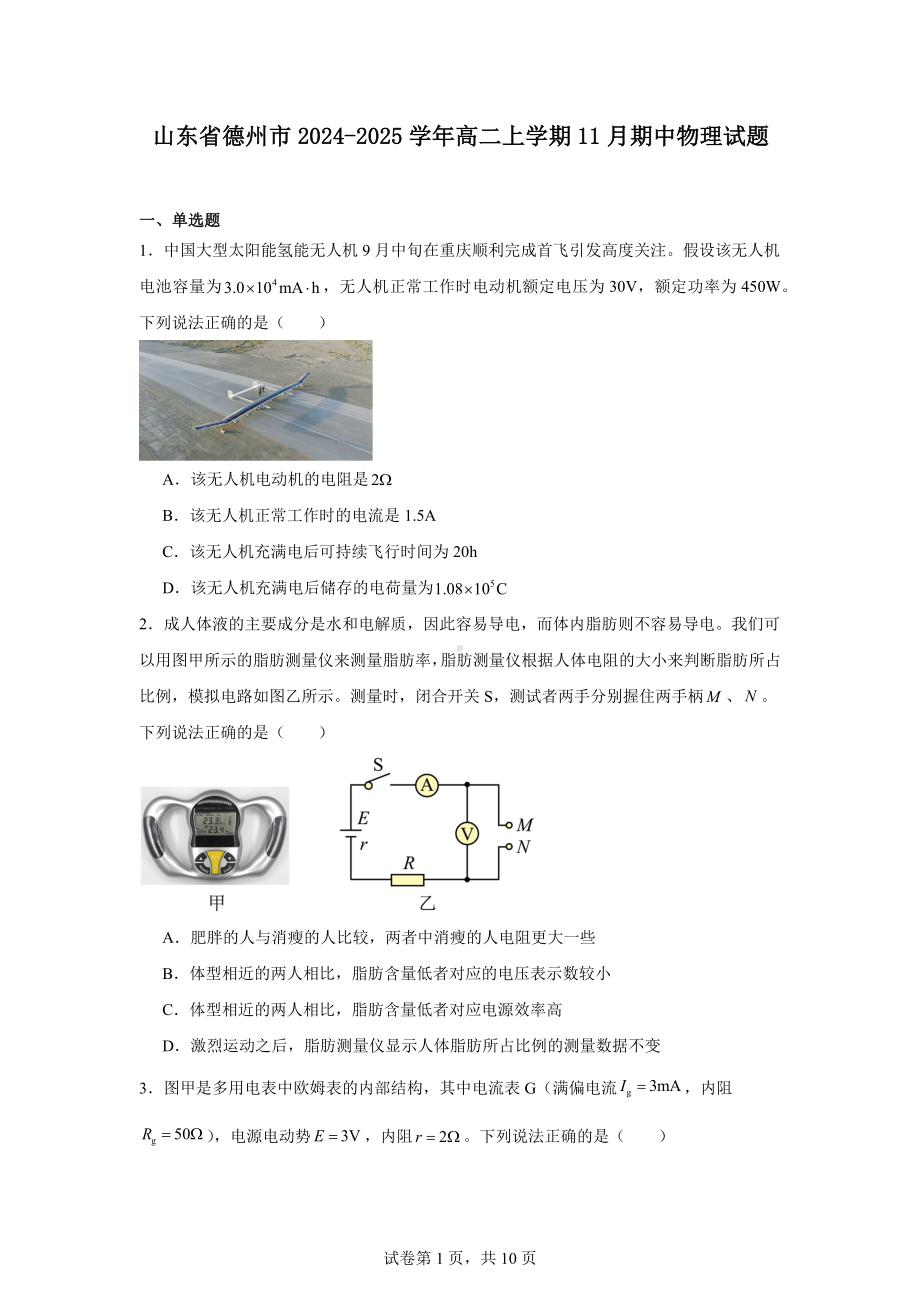 山东省德州市2024-2025学年高二上学期11月期中物理试题.docx_第1页