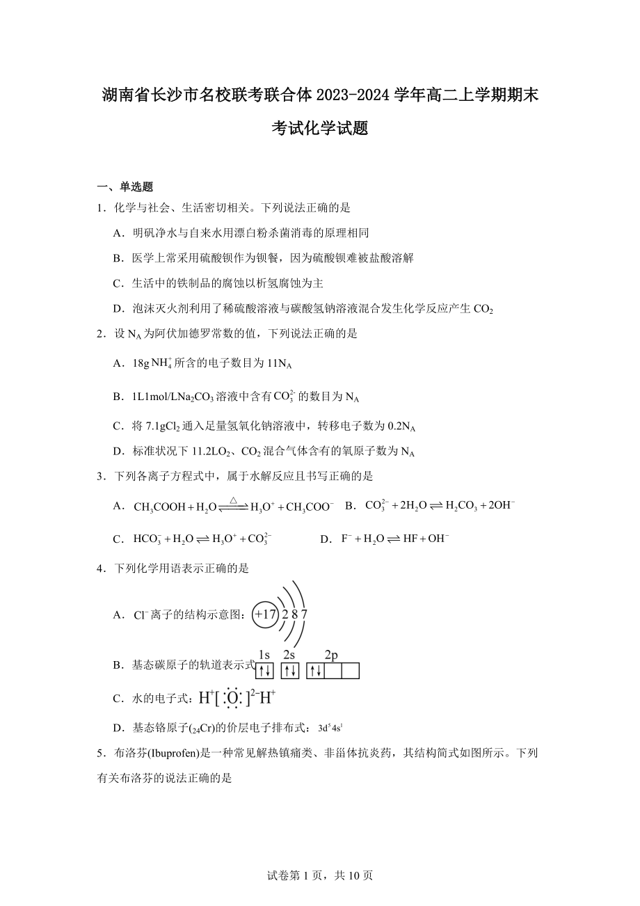 湖南省长沙市名校联考联合体2023-2024学年高二上学期期末考试化学试题.docx_第1页