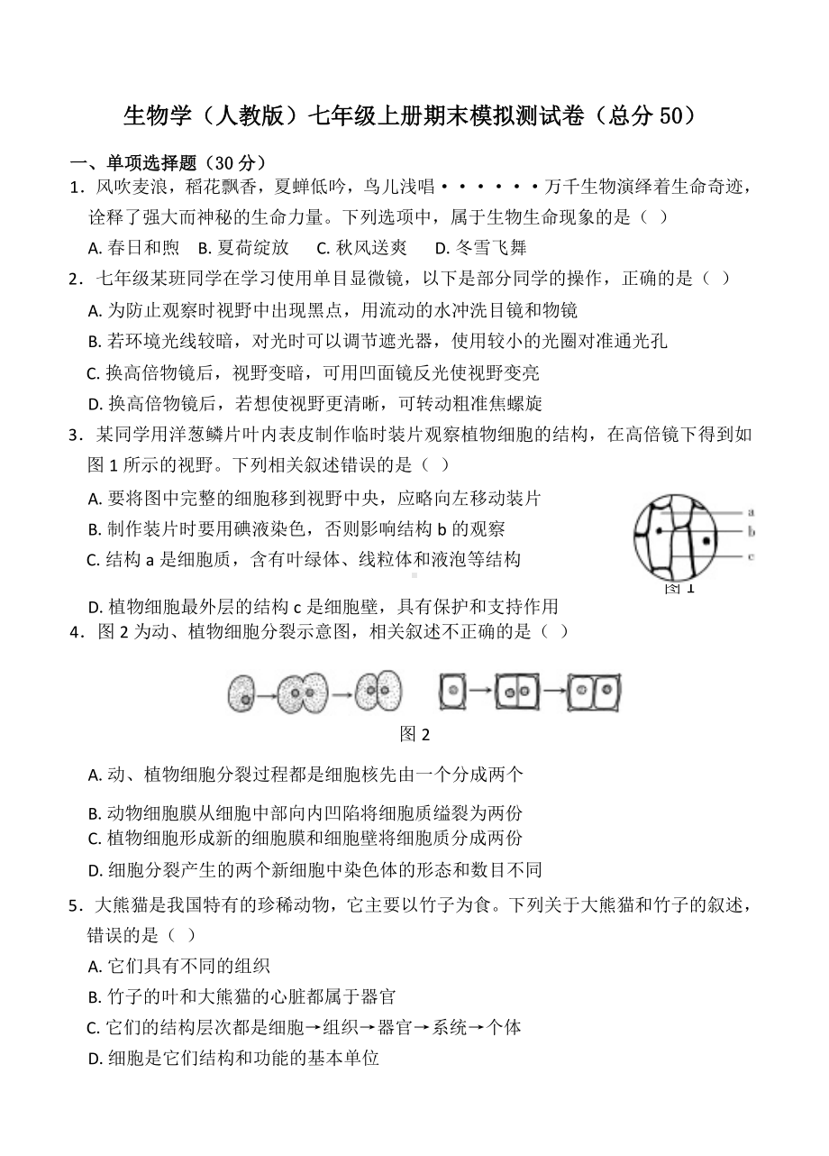 2024新人教版七年级上册《生物》期末模拟测试.docx_第1页