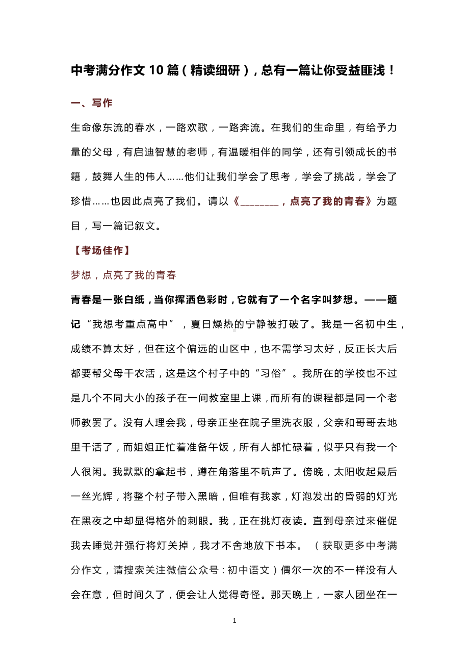 2025初中语文中考作文复习备考专项训练-满分作文10篇（精读细研）总有一篇让你受益匪浅！.docx_第1页