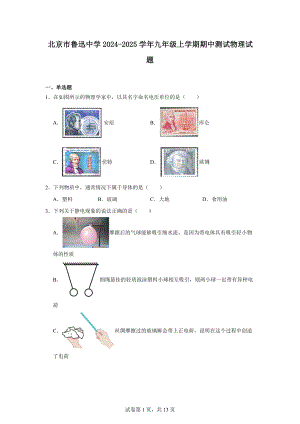 北京市鲁迅中学2024-2025学年九年级上学期期中测试物理试题.docx