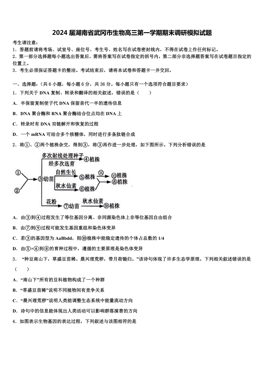 2024届湖南省武冈市生物高三第一学期期末调研模拟试题含解析.doc_第1页