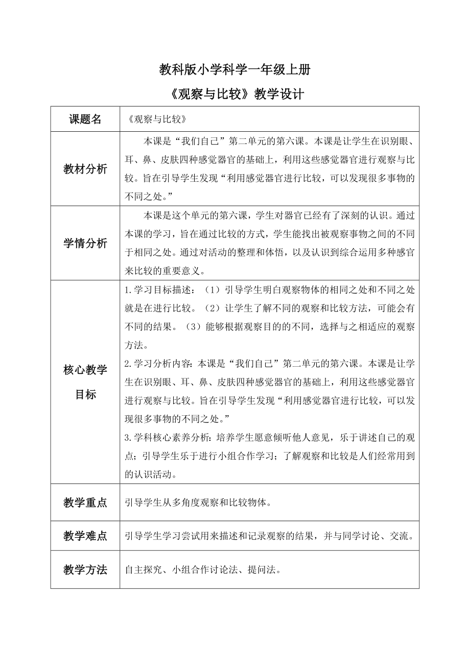 2.6《观察与比较》ppt课件（27张PPT）+教案-2024新教科版一年级《科学》上册.rar