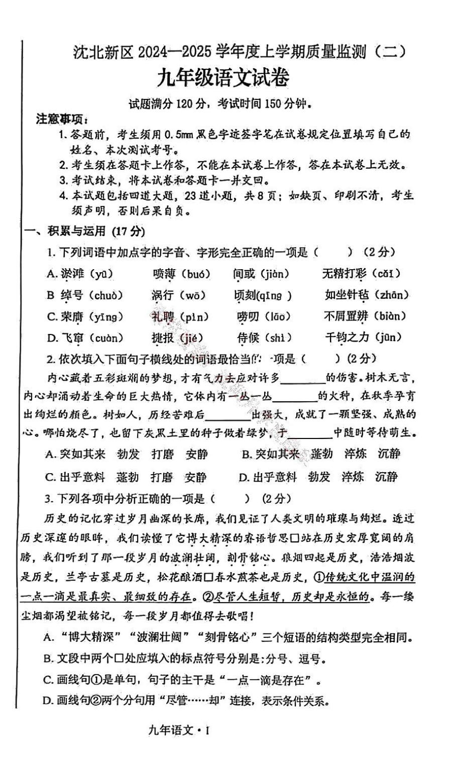 辽宁省沈阳市沈北新区2024-2025学年九年级上学期质量监测（二）语文试卷.pdf_第1页