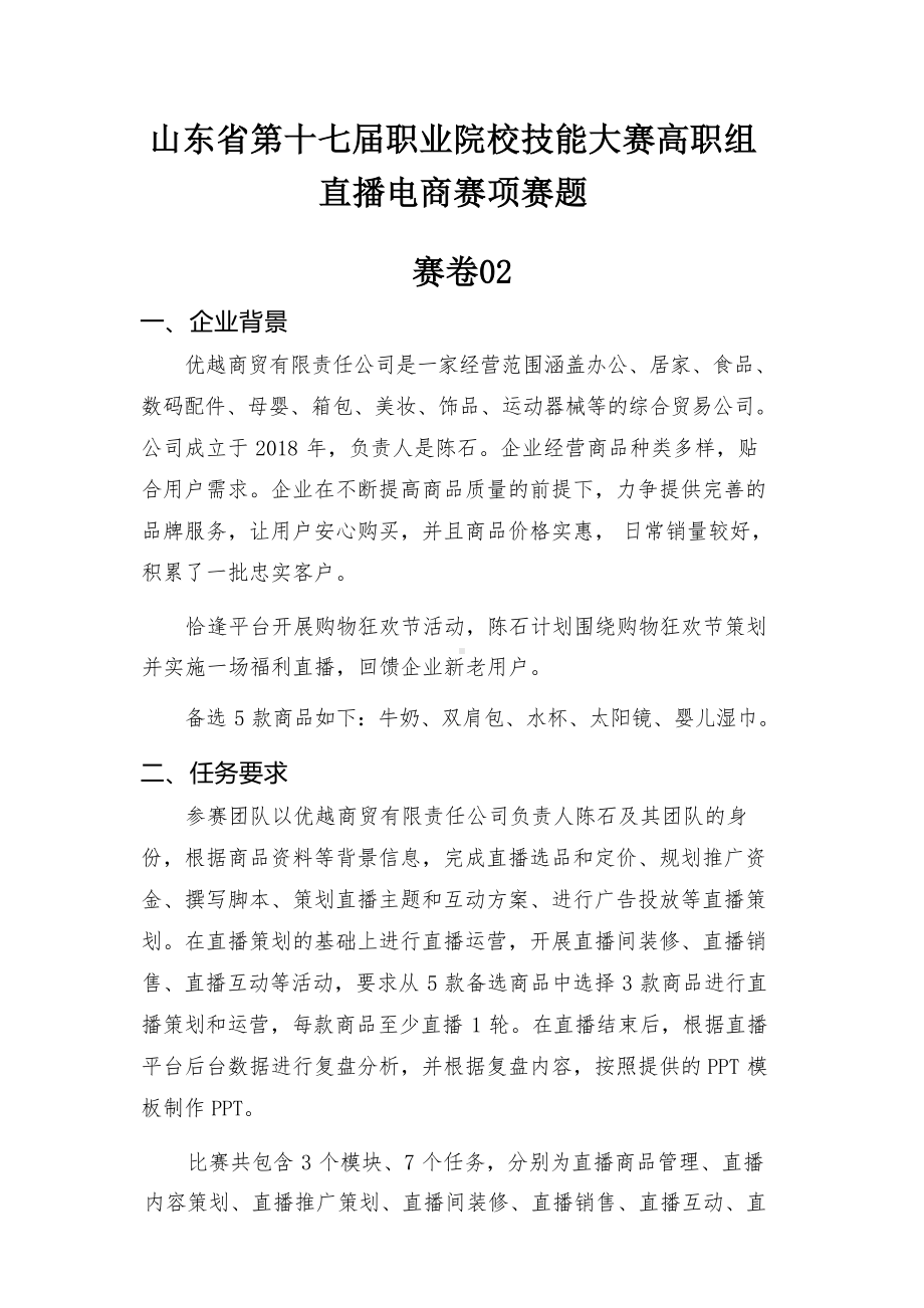 第十七届山东省职业院校技能大赛直播电商赛项赛题第2套.docx_第1页