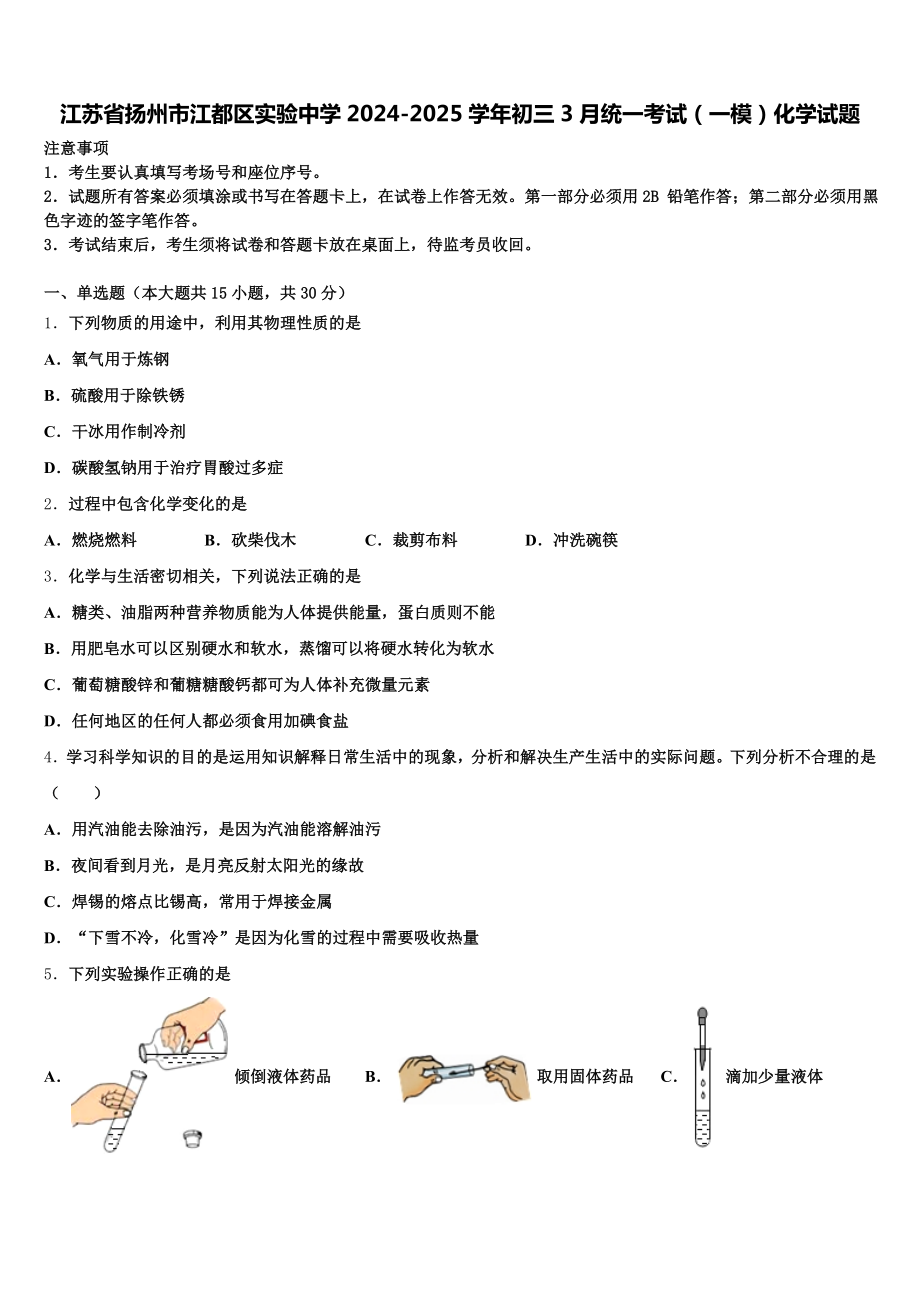 江苏省扬州市江都区实验中学2024-2025学年初三3月统一考试(一模)化学试题含解析.doc_第1页