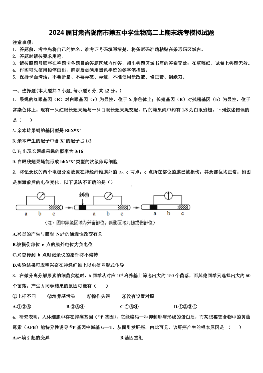 2024届甘肃省陇南市第五中学生物高二上期末统考模拟试题含解析.doc_第1页