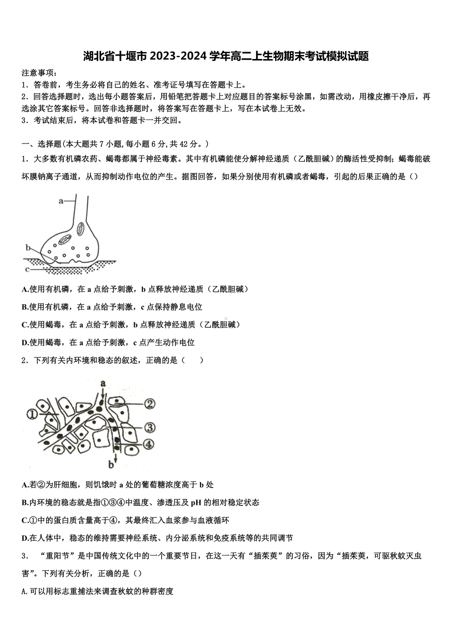 湖北省十堰市2023-2024学年高二上生物期末考试模拟试题含解析.doc_第1页