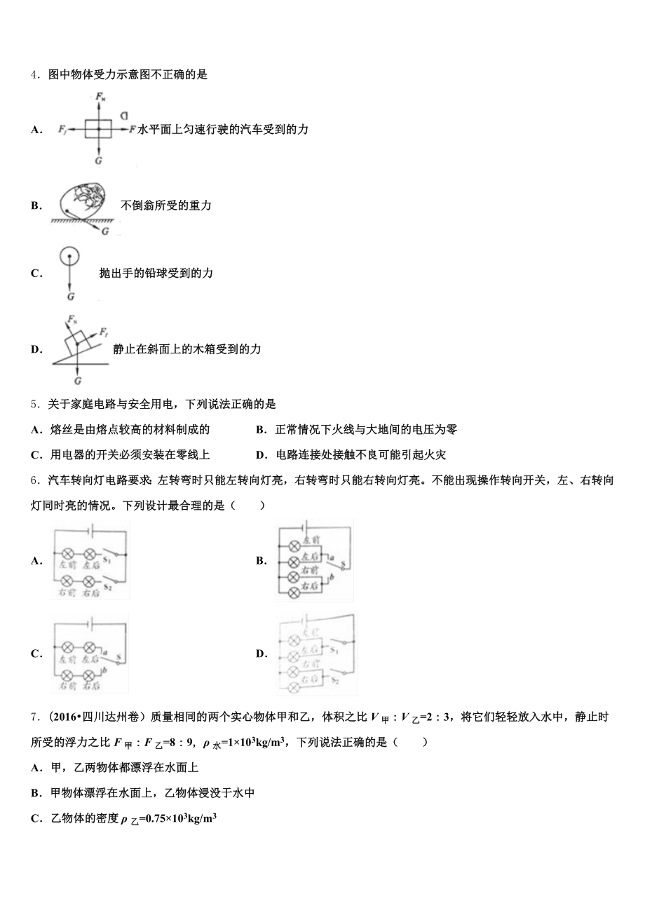 2025届甘肃省兰州市天庆实验中学初三下学期物理试题含解析.doc_第2页