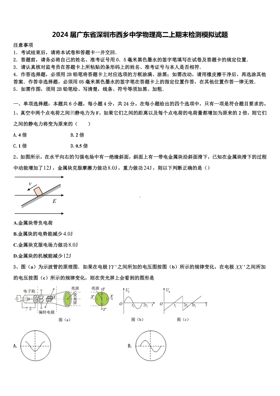 2024届广东省深圳市西乡中学物理高二上期末检测模拟试题含解析.doc_第1页