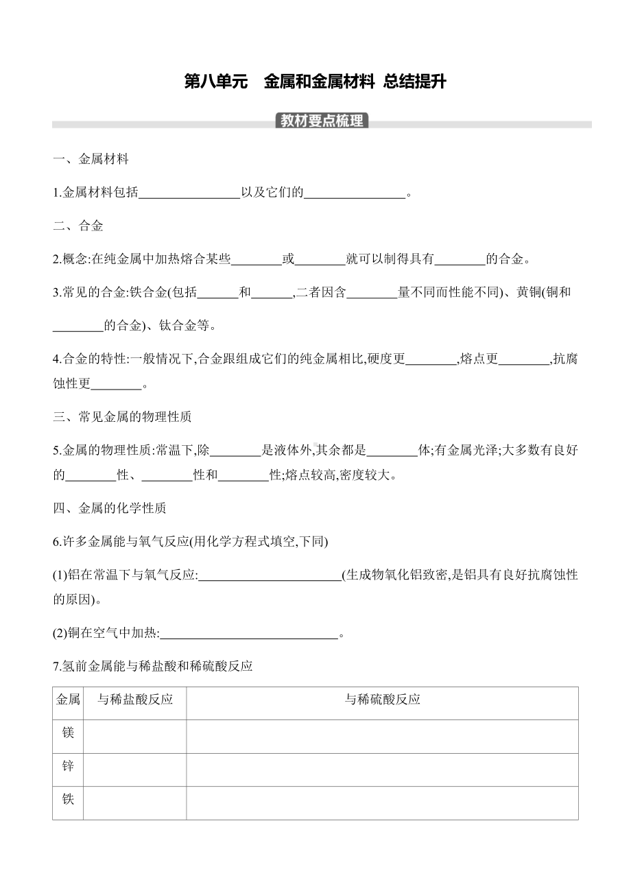 第八单元　金属和金属材料 总结提升 课时作业 （ 含答案）-2025新人教版九年级下册《化学》.docx_第1页