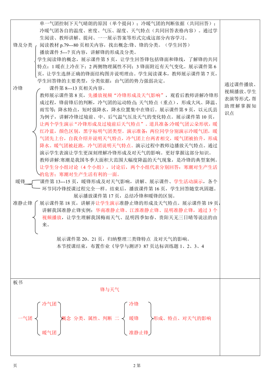 3.3.1锋与天气 教学设计2023-2024学年高中地理湘教版（2019）选择性必修1.doc_第2页