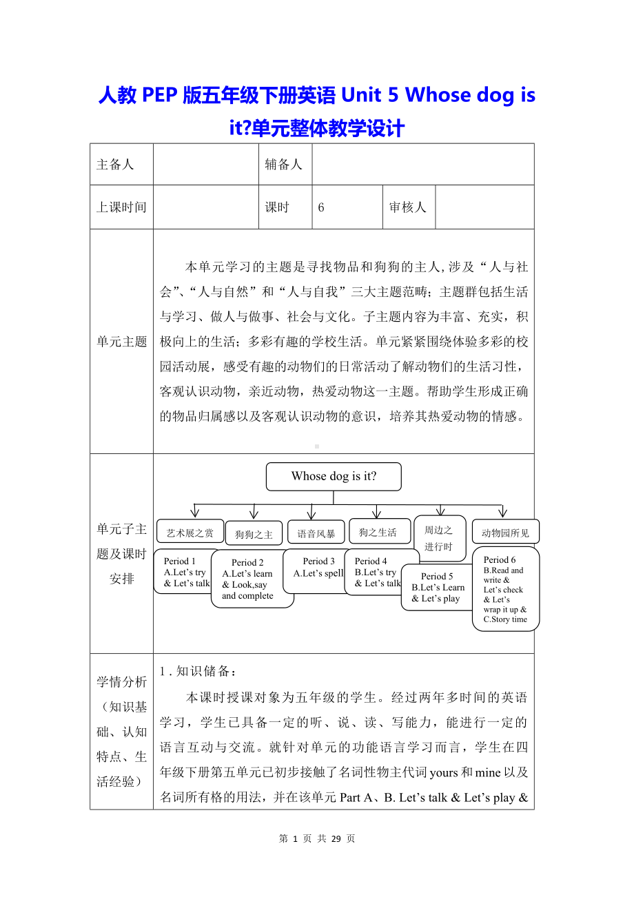 人教PEP版五年级下册英语Unit 5 Whose dog is it单元整体教学设计（教案）.docx_第1页