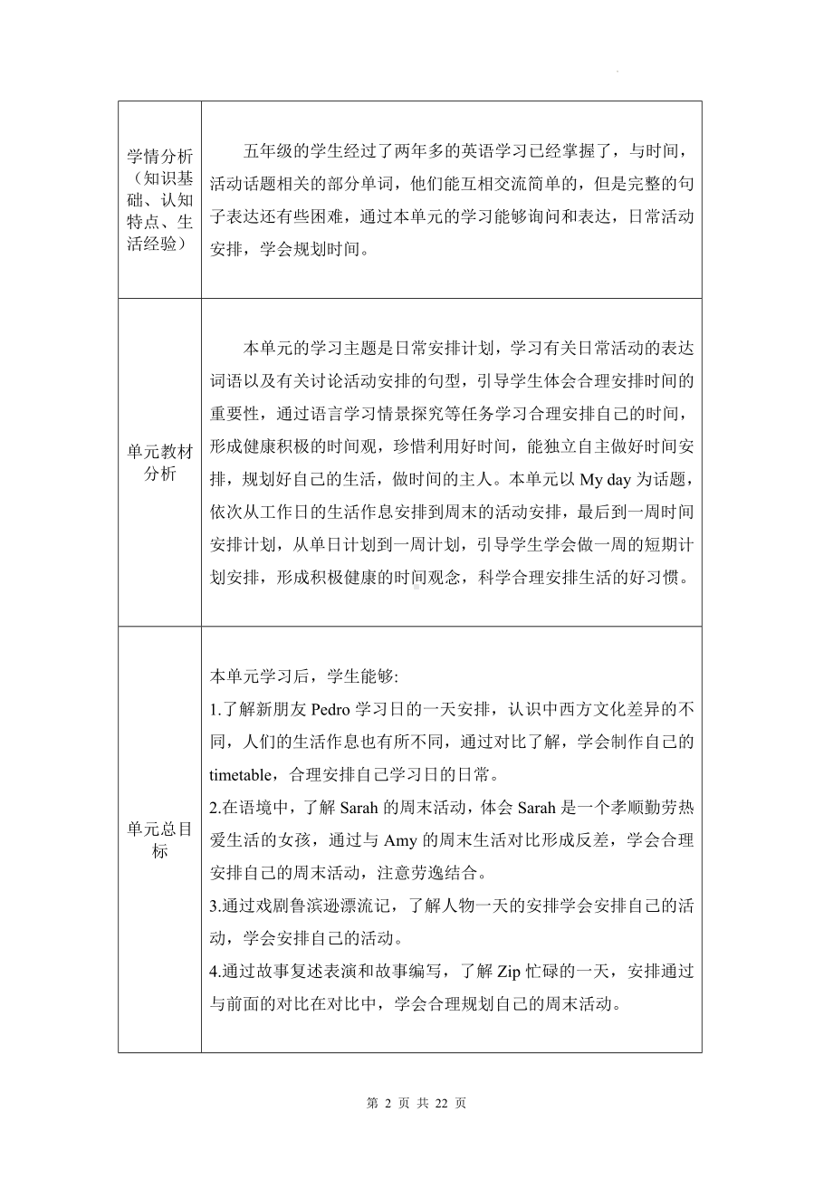 人教PEP版五年级下册英语Unit 1 My day单元整体教学设计（教案）.docx_第2页