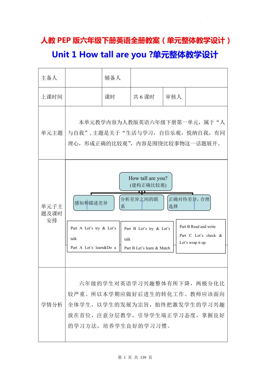 人教PEP版六年级下册英语全册教案（单元整体教学设计）.docx_第1页