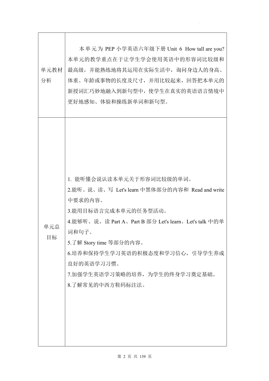 人教PEP版六年级下册英语全册教案（单元整体教学设计）.docx_第2页