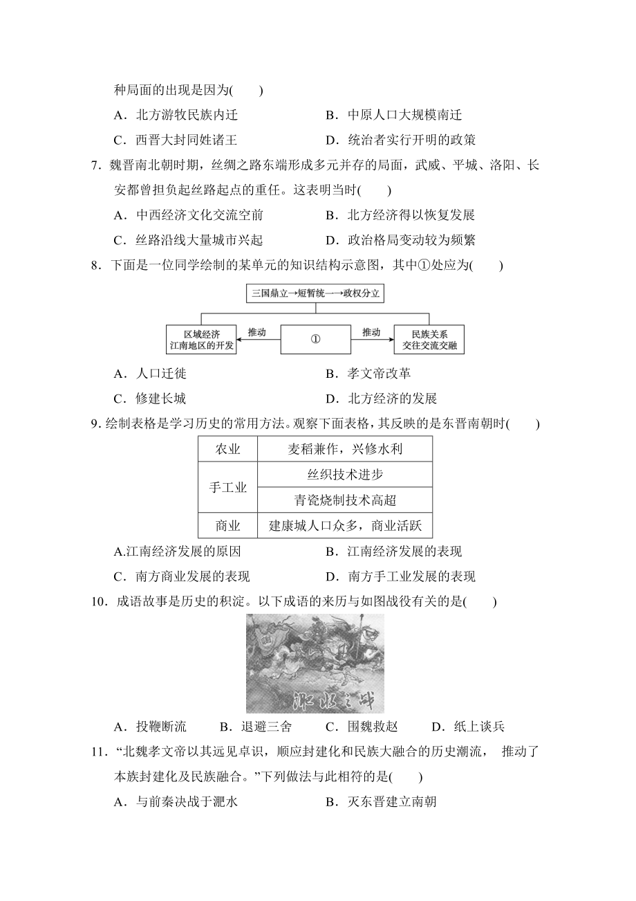 （2024新部编）统编版七年级上册《历史》第四单元 三国两晋南北朝时期：孕育统一和民族交融单元学情评估卷（含答案）.doc_第2页