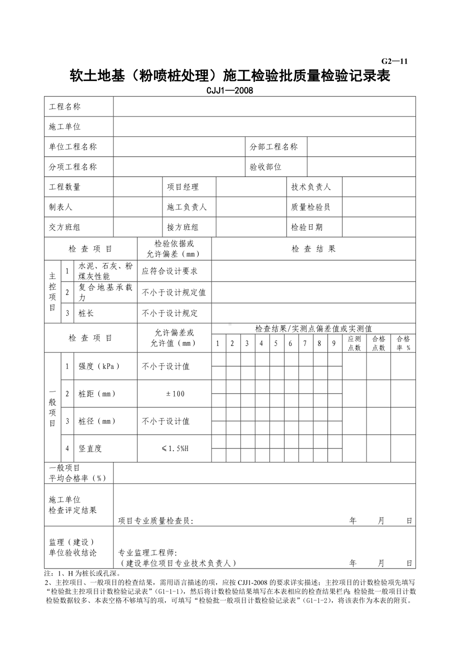 G2—11软土路基（粉喷桩处理）施工检验批质量检验记录.doc_第1页