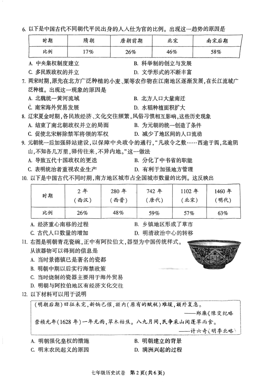 北京朝阳2023-2024初一下学期期末历史试卷及答案.pdf_第2页