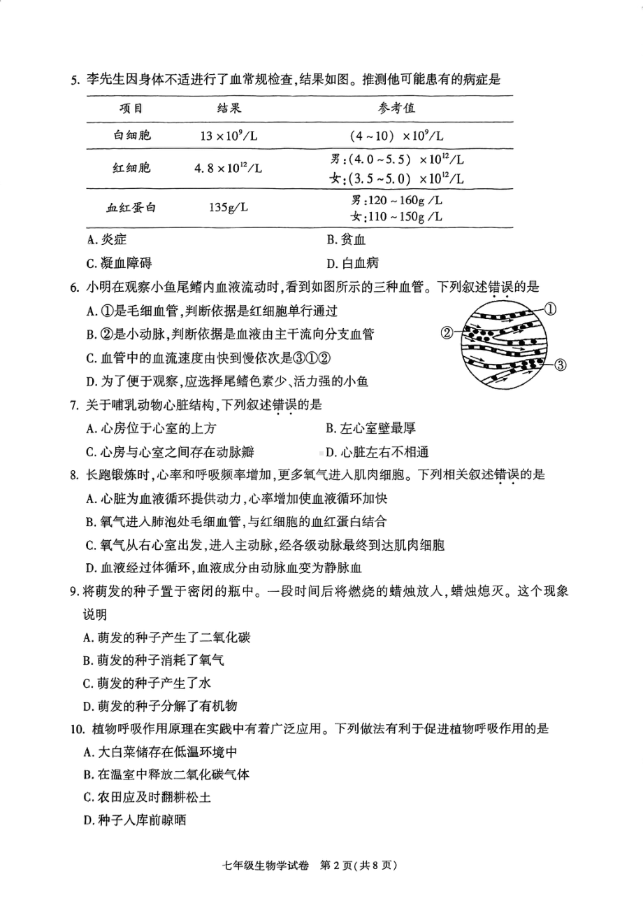 北京朝阳2023-2024初一下学期期末生物试卷.pdf_第2页