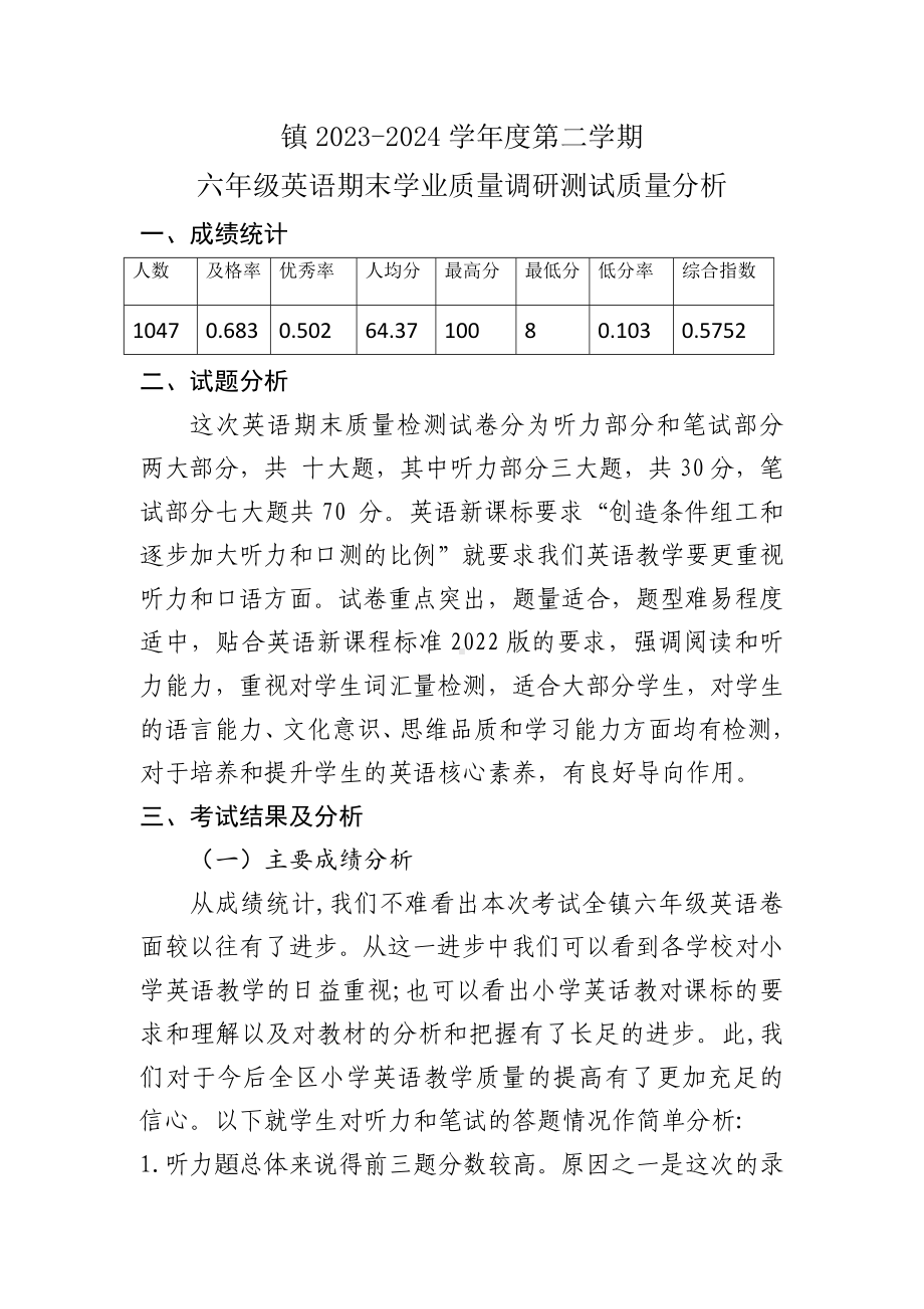 镇2023-2024学年度六年级英语质量分析.docx_第1页