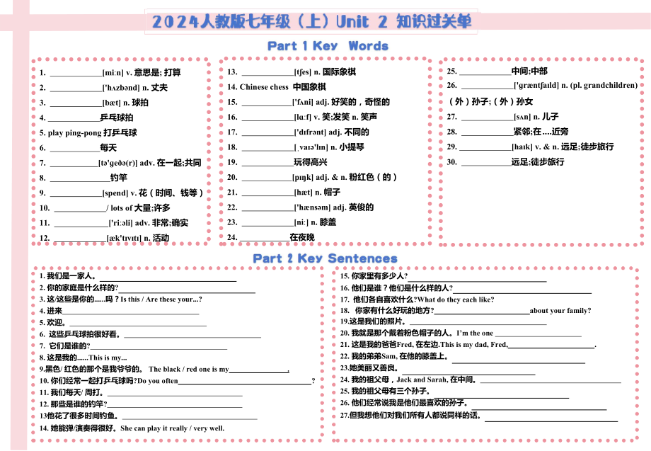 2024新人教版七年级上册《英语》Units 1-3 单元知识过关单.docx_第2页